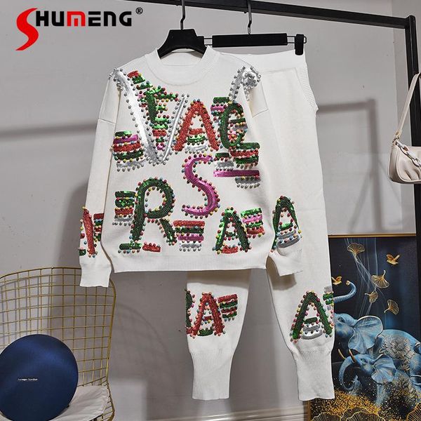 

women's two piece pants european 2021 white alphabet sequins long-sleeved knitwear sweatershirts casual trousers trendy fashion suit
