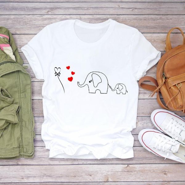

cartoon elephant love cute printing womens fashion 90s ladies graphic female tee, White