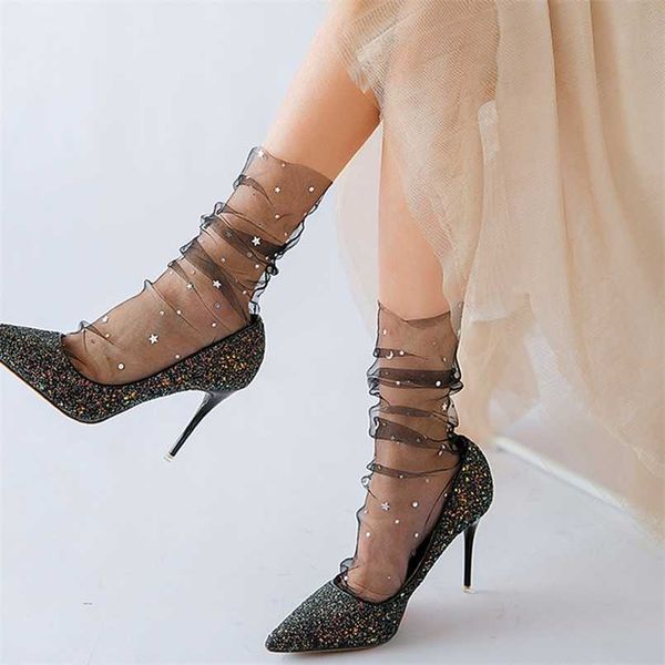 

fashion star moon tulle socks women transparent woman socks female ultra-thin chiffion socks long dress streetwear calcetines 211204, Black;white