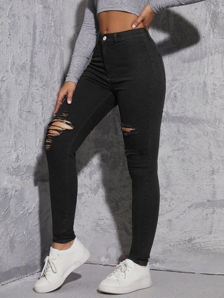 

zip waist ripped skinny jeans 43qv#, Blue