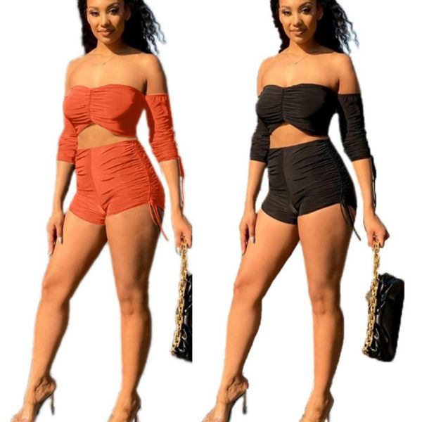 

women's tracksuits summer fashion casual suit with one-shoulder folds drawstring, Gray