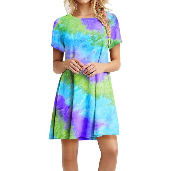 

casual dresses women tie-dye printed dress summer short sleeve mini o neck t shirt swing sukienki damskie #py, Black;gray