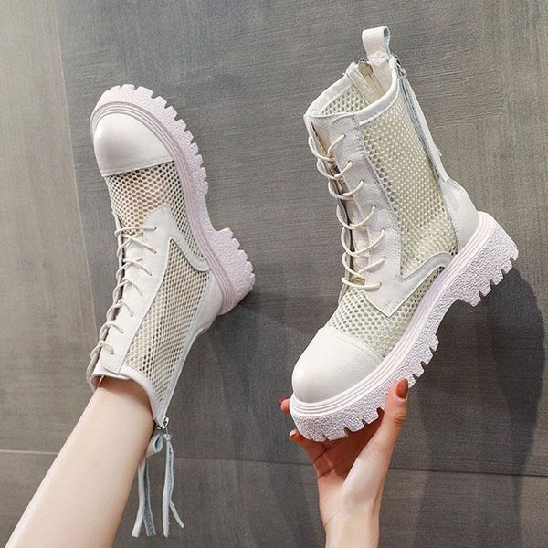 

boots middle womens summer breathable 2021 leather motorcycle thick-soled short fashion mesh hollow shoes, Black