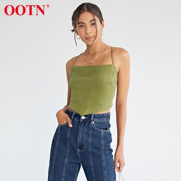 

women's tanks & camis ootn criss-cross lace up open back female streetwear spaghetti strap short crop women green slim summer, White