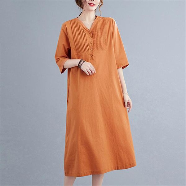 

casual dresses summer women linen cotton dress loose home daily artsy solid color thin breathable v-neck fashion chic pullover vestidos, Black;gray
