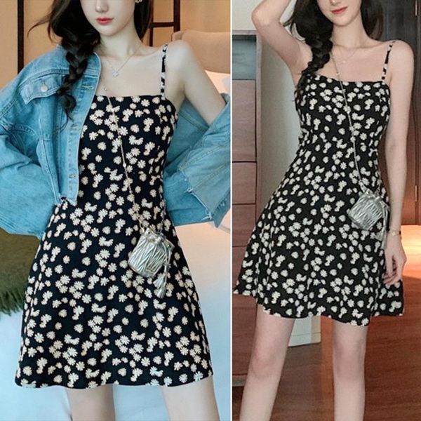 

women's sling daisy fashion print dress black casual dresses, Black;gray