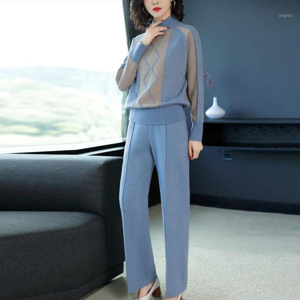 

two piece dress women set casual knitted tracksuit turtleneck sweater suits pants 2 pieces track long sleeve trousers jumpers clothing, White