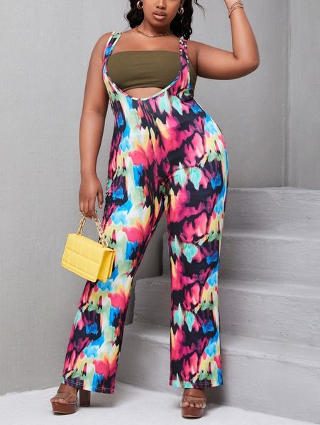 

sxy plus graphic print pinafore wide leg jumpsuit x0ac#, Black