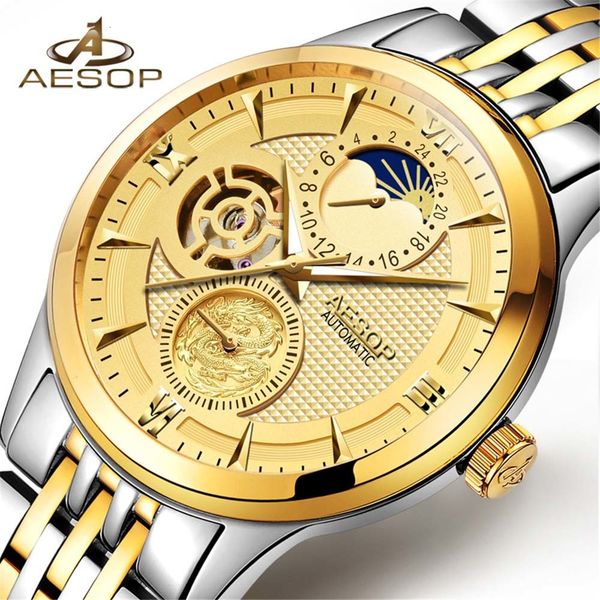

fashion luxe mark aesop men's watches 2018 new automatic mechanical watch gold male skeleton polshorlogi relogio masculino, Slivery;brown