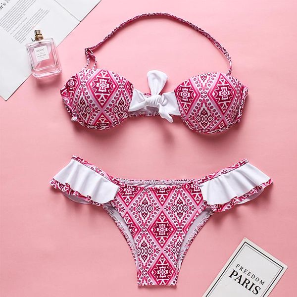 

bras sets biqini women push up bandage bra set brazilian summer beach wear halter bathing suits female biquini floral print bra+brief, Red;black