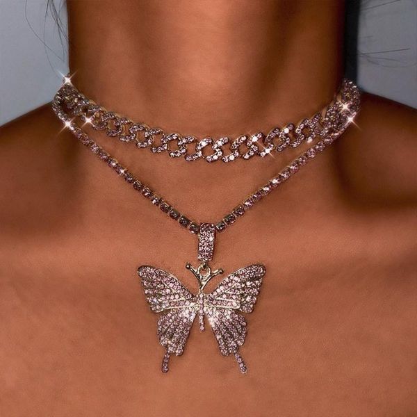 

chains cuban chain multilayered crystal butterfly pendant necklaces for women multicolor chunky choker birthday jewelry gift, Silver
