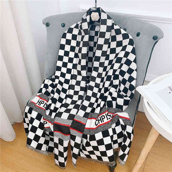 

70% off design scarf chessboard new winter warm dual-purpose temperament versatile black and white lattice imitation cashmere bib, Blue;gray