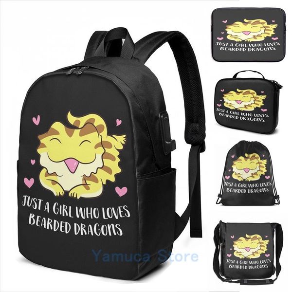

backpack funny graphic print just a girl who loves bearded dragons lizard cute usb charge men school travel lapbag