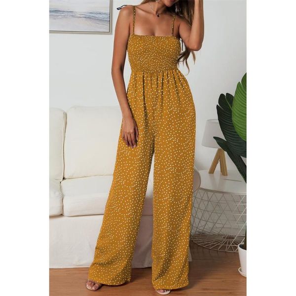 

women jumpsuit rompers polka-dot print lace up sleeveless straps wide-leg pants boho loose long summer jumpsuits women's &, Black;white