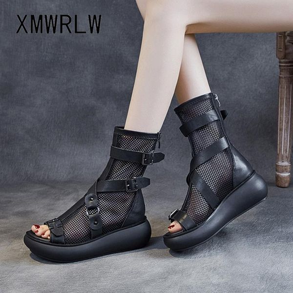 

boots xmwrlw breathable mesh summer women high heels retro style handmade ladies boot 2021 genuine leather woman, Black