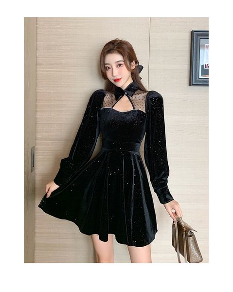 Outono nova moda feminina gola virada para baixo manga longa renda remendada estilo oco sexy cor preta veludo brilhante vestido curto SMLXLXXL