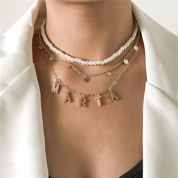

chokers copper round sequins tassel initial letter pendant necklaces multi layered imitation pearl choker for women jewelry, Golden;silver