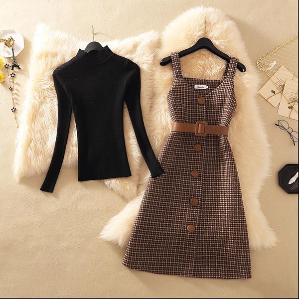 

streetwear two piece dress autumn women tracksuits winter sweater wool knee length dresses with belt plus size elegant party lady, Gray