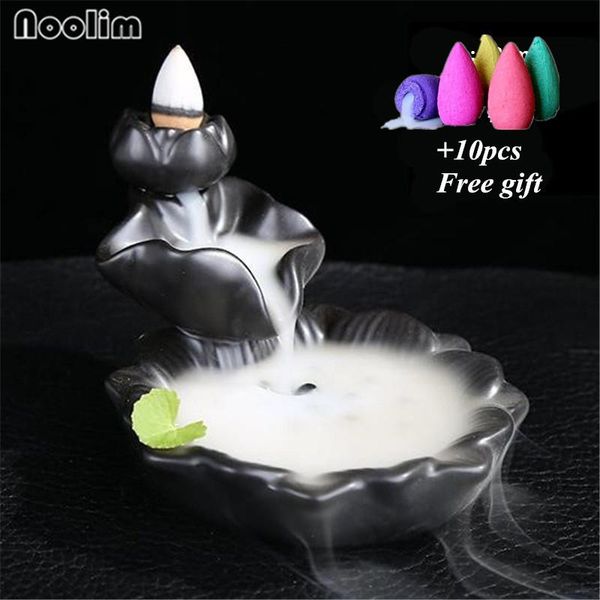 

fragrance lamps black ceramic backflow incense burner stick holder home tea ceremony decor censer+10pcs cones