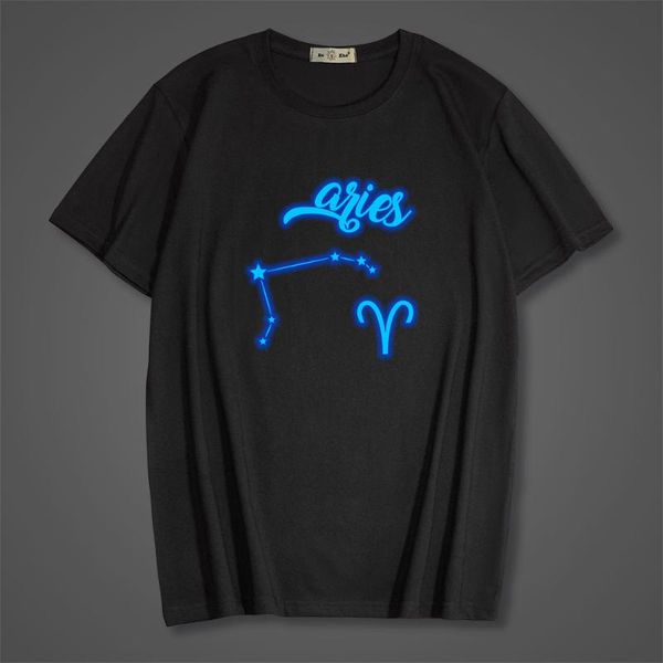 

men's t-shirts summer 100% cotton fluorescent luminous t-shirt men twelve constellations aries o-neck t shirt plus size short sleeve, White;black
