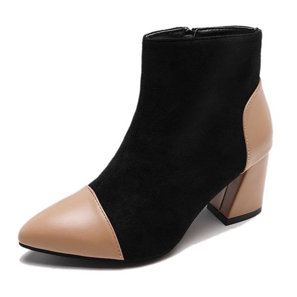 

boots crude heel short nice autumn winter wild pointed women bare color matching high-heeled, Black