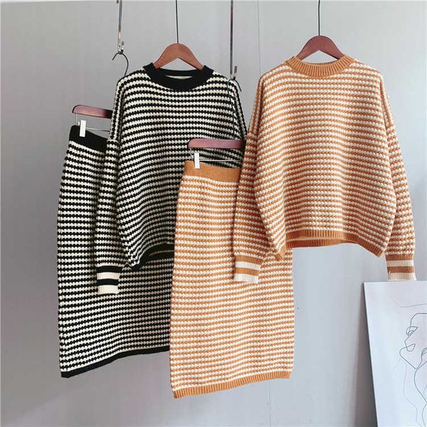 

two piece dress autumn women knitted sweater pieces warm and pullovers with skirt femme tricot pull rc6a, White