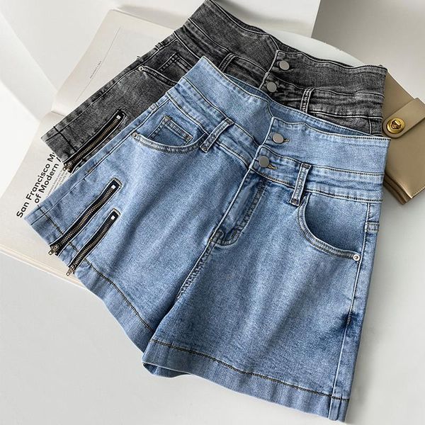

women's shorts summer high waist stretch wide-leg slim short trousers zipper stitching streetwear casual denim c7458, White;black