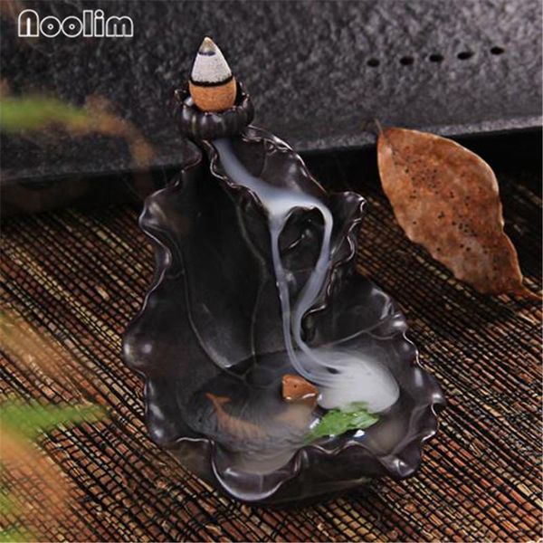 

fragrance lamps lotus pond with fish waterfall backflow incense burner home decor ceramic holder censer + 20pcs cones