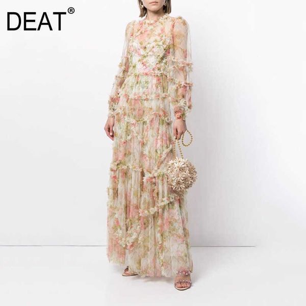 

[deat] bohemian holiday lantern long sleeve wood ear edge print screen dress skirt women spring and summer 210527, Black;gray