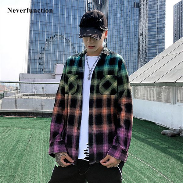 

shirts spring autumn men gradient color plaid shirts male streetwear oversized extended curved hem casual long sleeve, White;black