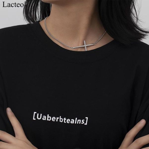 

lacteo simple cross shaped pendant necklace neo gothic stainless steel chain choker jewelry for lover women and men chokers, Golden;silver