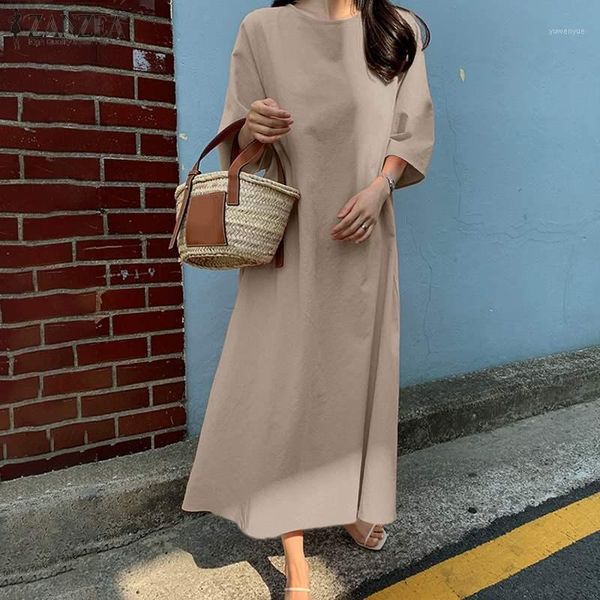 

casual dresses cotton maxi long dress women o neck 3/4 sleeve solid sundress summer pleated plain vestidos vintage party robe, Black;gray
