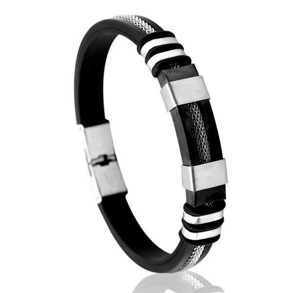 

charm bracelets stainless steel bracelet men wrist band black grooved rudder silicone mesh link insert punk wristband stylish casual bangle, Golden;silver