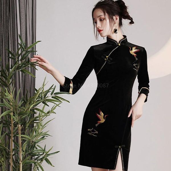 

ethnic clothing chinese traditional short dress bodycon elegant vintage modern velvet cheongsam for women gothic black casual slim, Red
