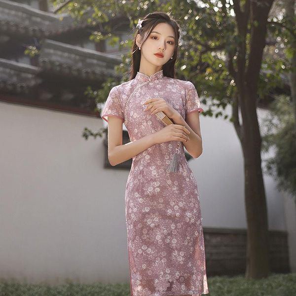 

ethnic clothing 2021 summer girl qipao print flower slim dancing gown chinese style women cheongsam vestidos vintage stage show dress x, Red