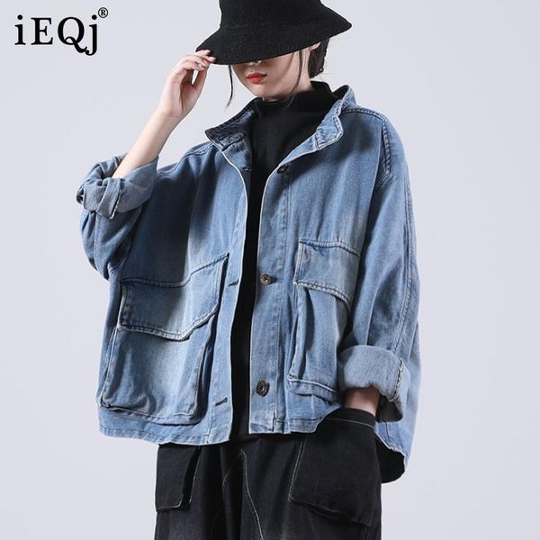 

women's jackets ieqj autumn 2021 solid color fashion korean loose single breasted flap large pocket used denim jacket 3i140, Black;brown