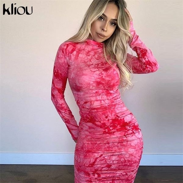 

kliou spring print turtleneck bodycon midi dress woman casual high street pleated slim zipper dress mujer, Black;gray