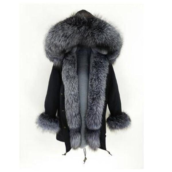 

fashion natural fur collar real coat faux liner women winter long jacket parka women's, Black