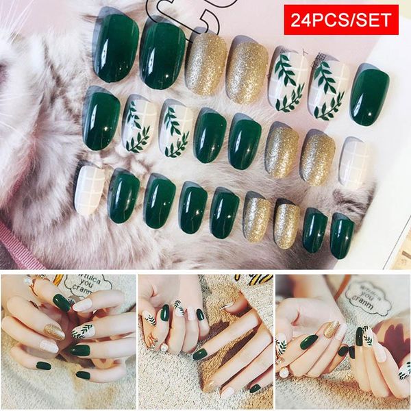 

false nails 24pcs/box fake tips green leaves simple diy manicure decoration, Red;gold