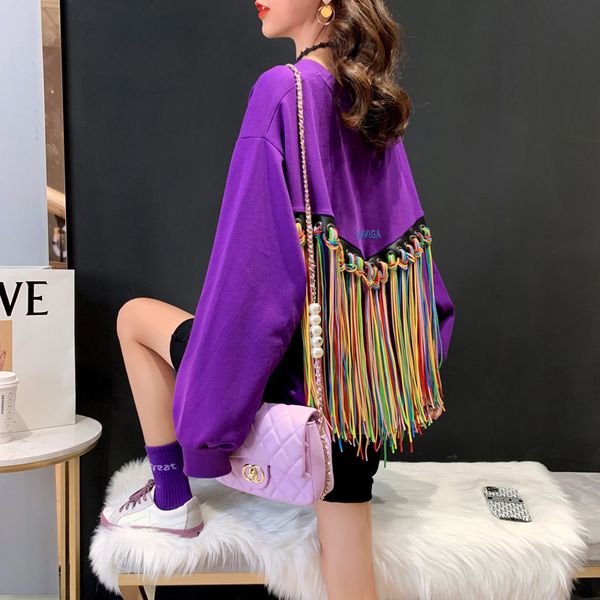 

men's hoodies & sweatshirts [ewq] moletom feminino com borlas, moda outono, colorido, de manga longa, gola redonda, solto, rua rmde, Black