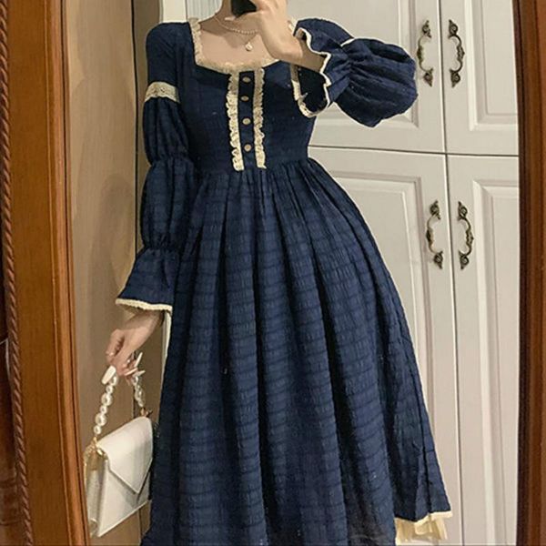 

autumn french court style woman vintage dress mori girl retro square collar fresh lace waist mid-length fairy gentle sweet casual dresses, Black;gray
