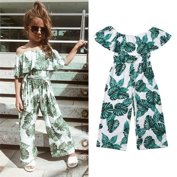 

jumpsuits baby girl fashion leaf printed playsuit 3-8y kids children summer casual off shoulder romper overalls pants outfits, Blue