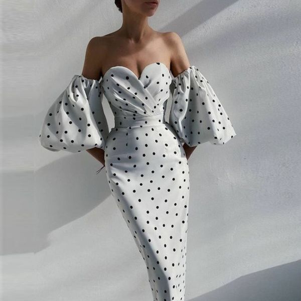 

club lantern sleeve pencil dress retro polka dot print women long party dress elegant off shoulder ladies dressesby air, Black;white