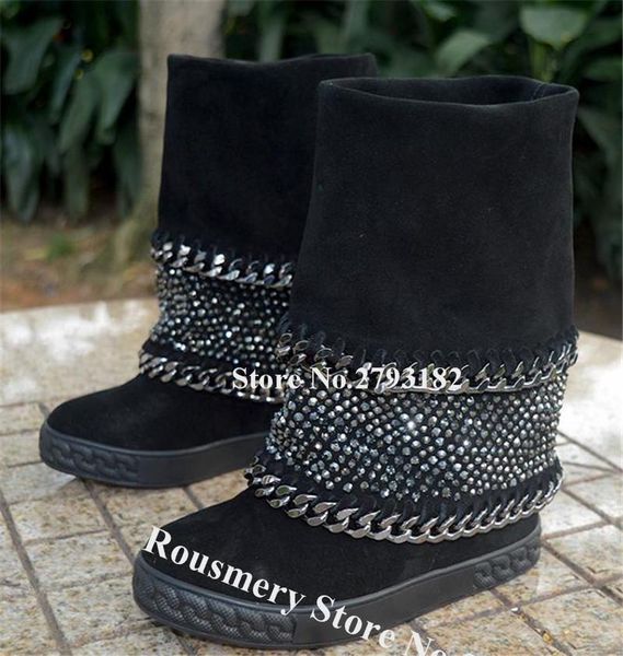 

boots women winter fashion round toe suede leather rhinstone wedge mid-calf black chains decorated crystal height increased boot