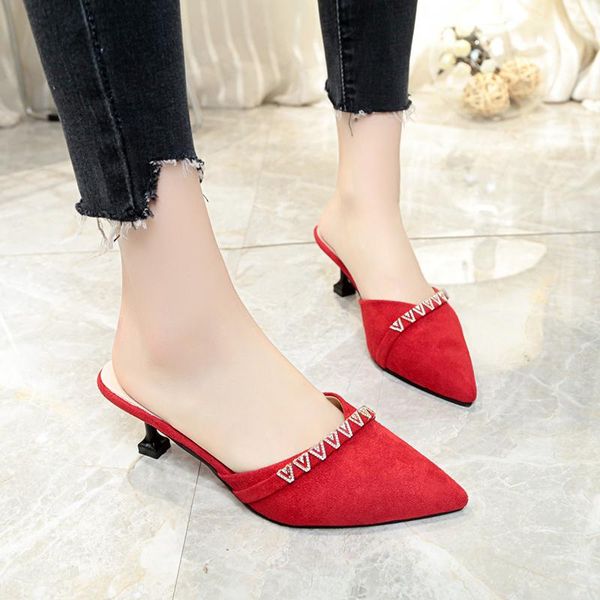 

slippers ladies outside spring 2021 half-trail fashion pointed suede rhinestone skin-friendly elegant wild women's shoes u30-45, Black
