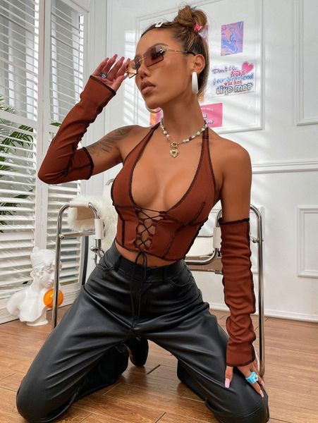 

halter neck lace up knot crop with sleeve k5yb#, White