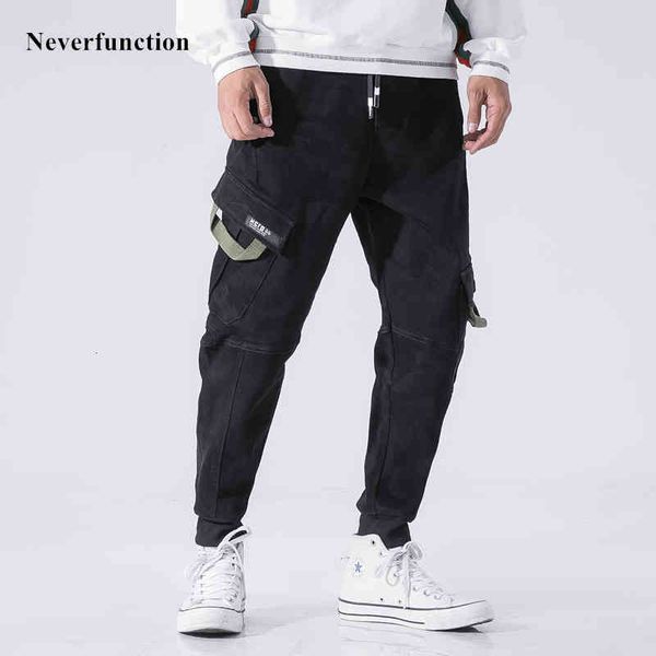

pant brand multi-pocket casual hip hop solid color elastic waist men joggers sweatpants trousers, Black