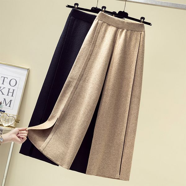 

women autumn winter warm knitted wide leg elastic waist casual loose pants plus size trousers l-3xl 210319, Black;white
