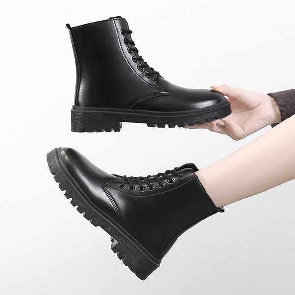 

boots lace up shoes luxury designer round toe boots-women autumn rubber ankle rock ladies black fashion lolita leather 2021 med