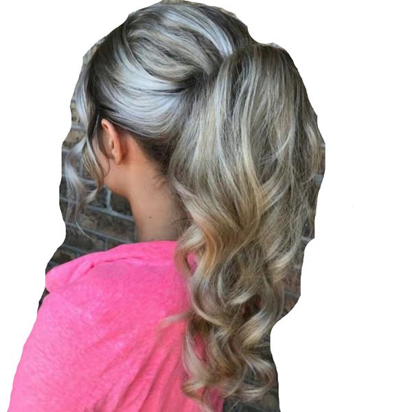 

body wave salt and pepper silver grey human hair ponytail gray pony tail 140g clip ins ponytais hairpieces, Black